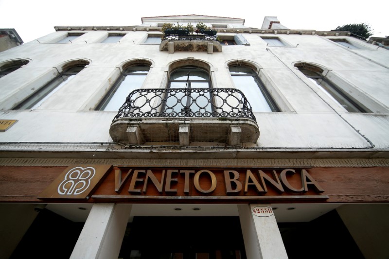 FILE PHOTO: The logo of Veneto Banca bank is seen in Venice, Italy January 31, 2016. REUTERS/Alessandro Bianchi/File Photo